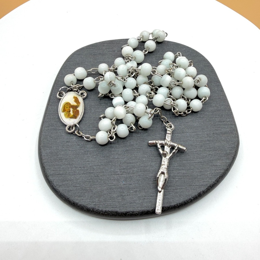 First Holy Communion White Beaded Rosary Crucifix Catholic Keepsake Prayer Case